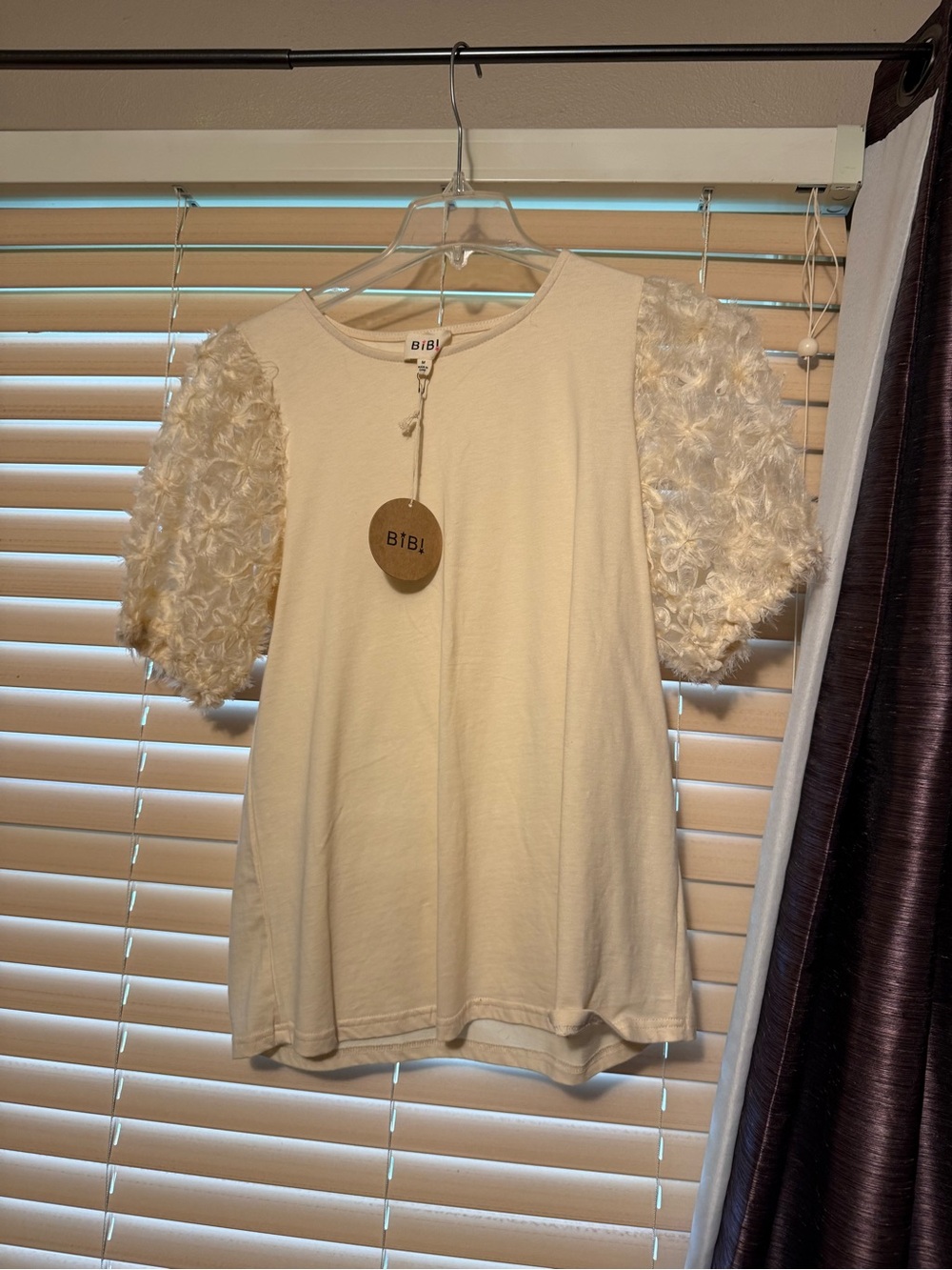 BiBi Cream Short-Sleeve Top with Textured Puff Sleeves